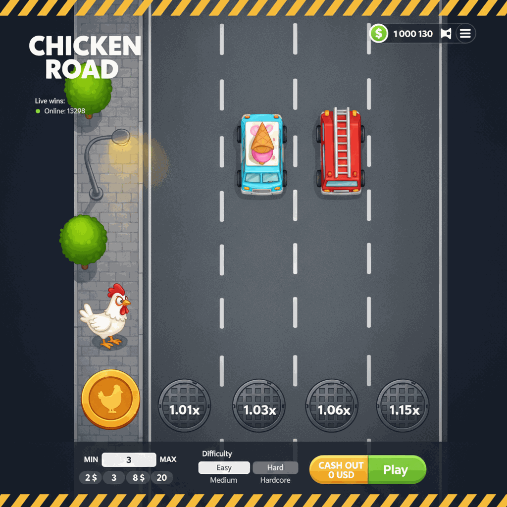 Schermata di gioco Chicken Road con gallina cartoon sulla corsia sinistra di una strada a più corsie vista dall'alto, moltiplicatori visualizzati su tombini circolari in ogni corsia, interfaccia con controlli puntata e livelli di difficoltà facile medio difficile hardcore, alberi e lampione sul marciapiede di partenza